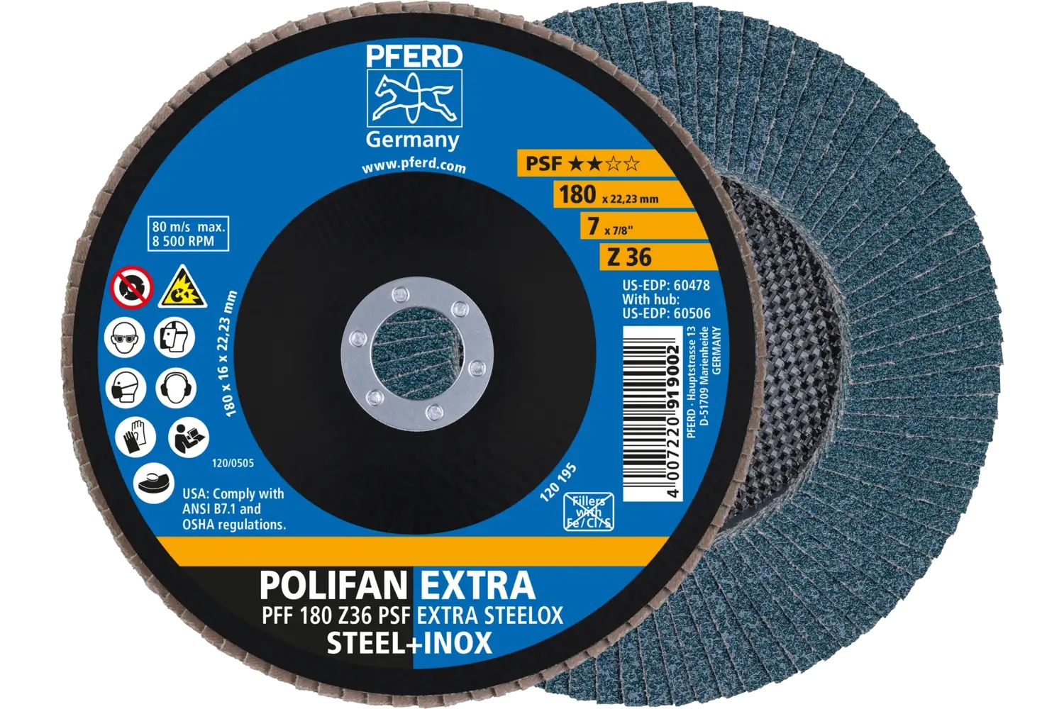 Picture of Pferd Flap Disc, 7" x 7/8, Z PSF Extra Steelox, 36 Grit, T27, Flat, Zirconia